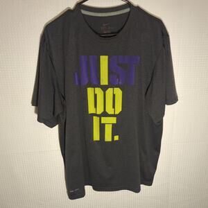 Nike Dri-Fit XL Gray Just Do It Tee Mens Purple Yellow Block Graphic Shirt